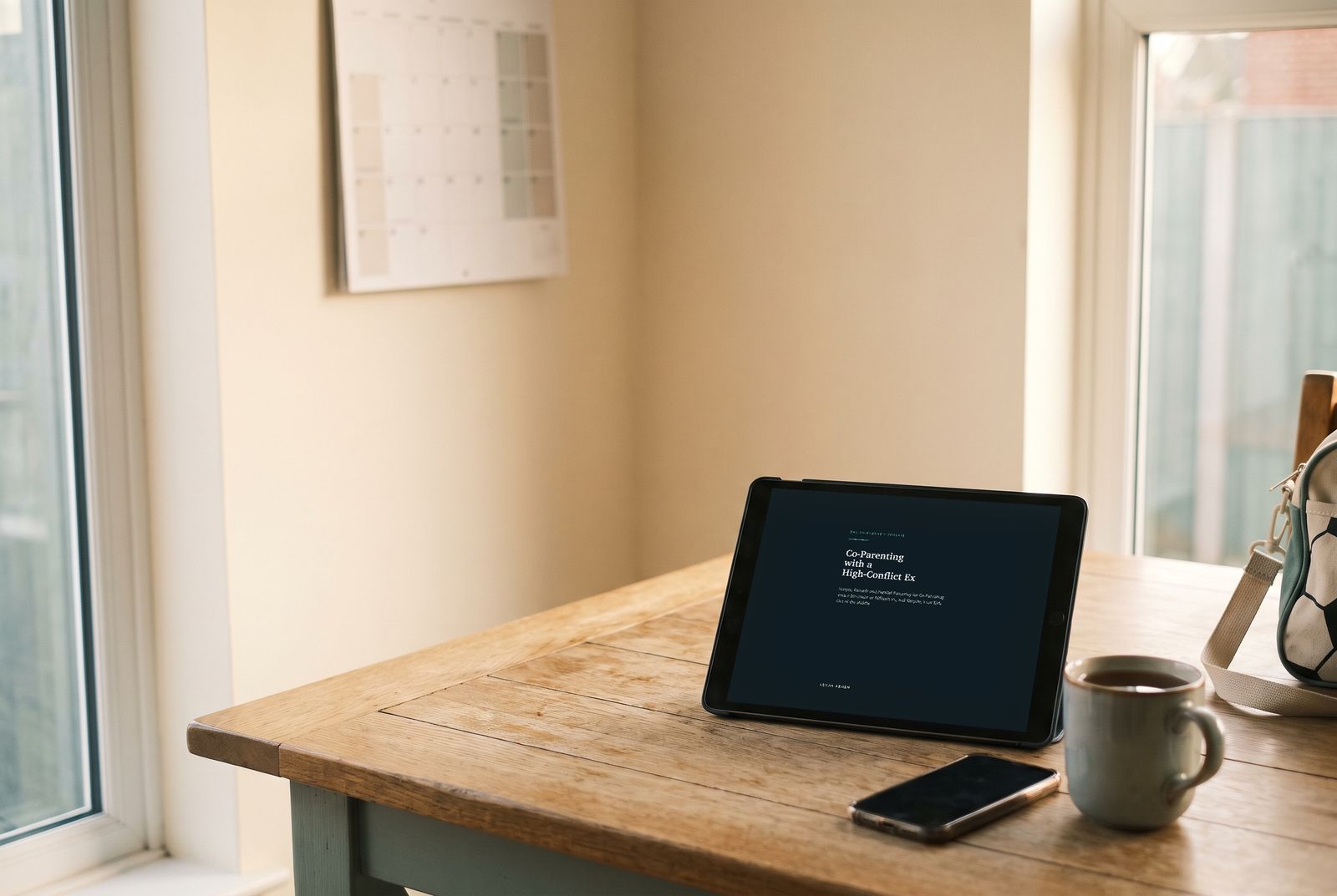 The guide open on a tablet on a kitchen table at dusk, beside a phone turned face down and a mug of tea.