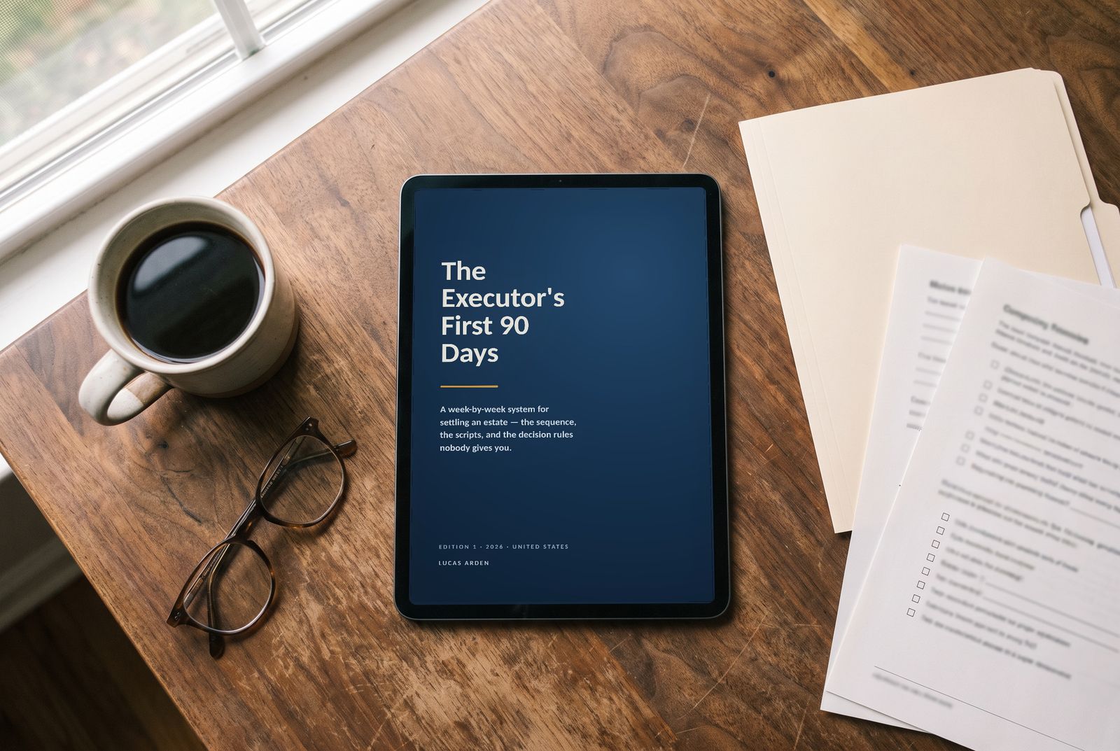 The Executor's First 90 Days on a tablet on a kitchen table