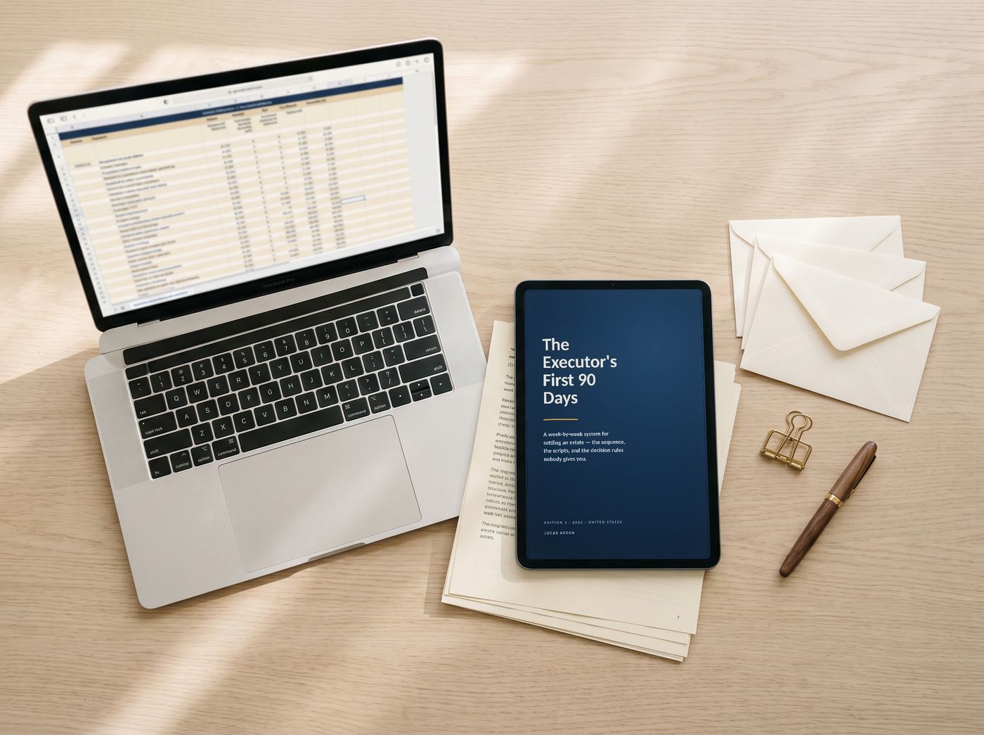 The kit on a desk: the guide on a tablet, the Estate Tracker on a laptop, printed pages, envelopes and a fountain pen.