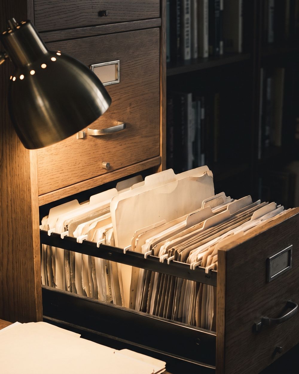 An open filing drawer of manila folders under a desk lamp.