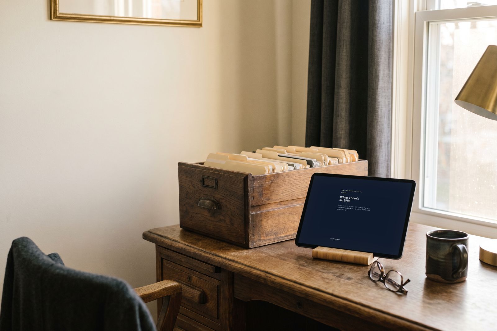 The book on a tablet on an old desk beside a pulled-out drawer of folders and a pair of reading glasses.