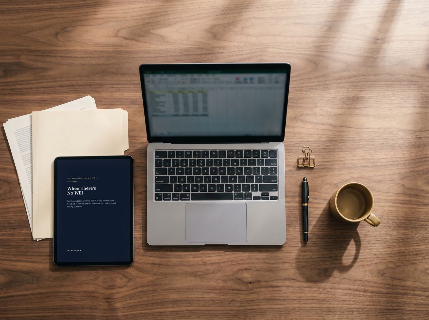 The kit on a desk: the book on a tablet, a spreadsheet on a laptop, printed pages, a folder and a fountain pen.